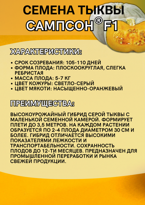 Сампсон F1 500 штук семена тыквы